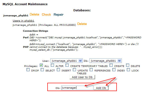 2. Scroll the next screen down and find the "Add Db" button. Insert "jvmanager" and click that button.