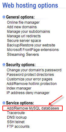 2. From the "Service options"click "Add/Remove MySQL databases"